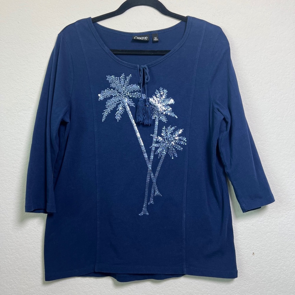 Onque Casual Top Medium Navy Blue Womens Coastal Sequin Palm Tree 3/4 Sleeve